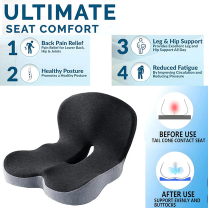 Memory Foam Seat Cushion Lumbar Support-2-in-1 back & Tailbone Relief