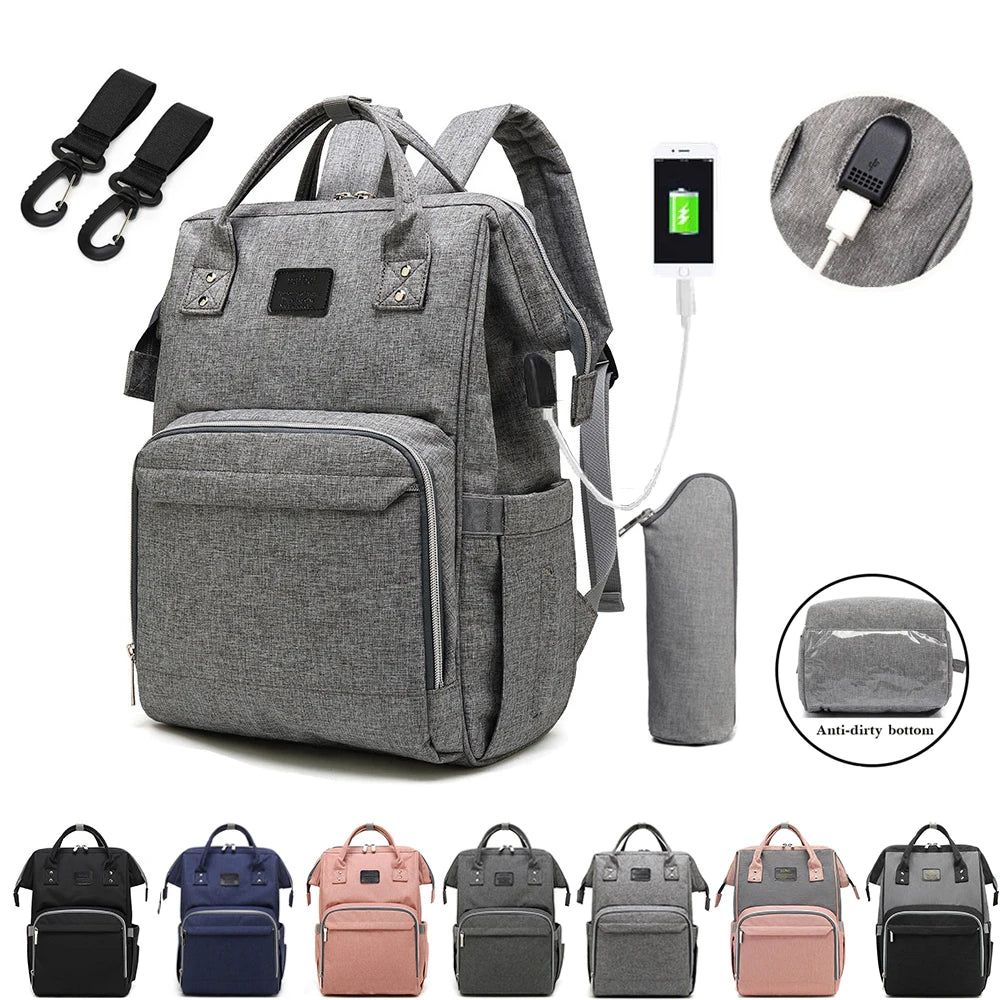 Gray backpack with USB port, anti-dirty bottom feature, and multiple color options displayed.