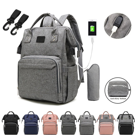 Gray backpack with USB port, anti-dirty bottom feature, and multiple color options displayed.