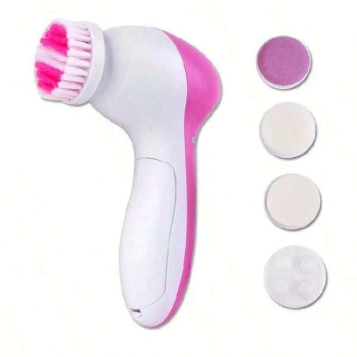 White and pink facial cleansing brush with interchangeable heads on a white background