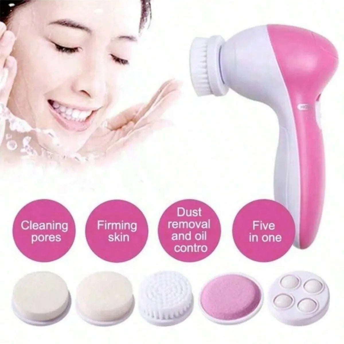 Facial cleansing device with attachments and a smiling woman in the background