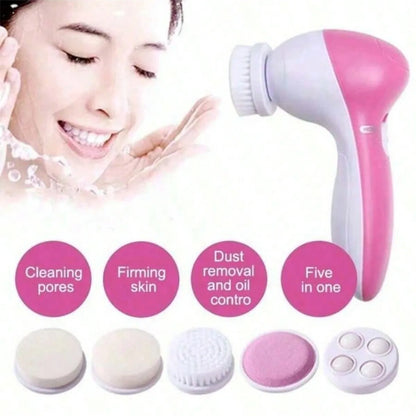 Facial cleansing device with attachments and a smiling woman in the background